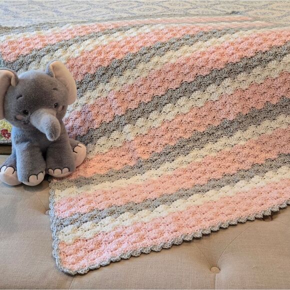 NEW Crochet Baby Blanket in Pink, Gray, and White HANDMADE BY SELLER 36 X 35 In - Picture 1 of 6